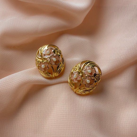Avon Jewelry - Vintage Avon Springtime Floral Pink Flower Gold Dome Oval Art Nouveau Earrings